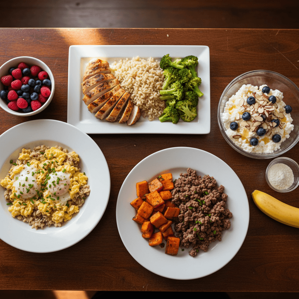Complete day of muscle-building meals arranged on a table with macros