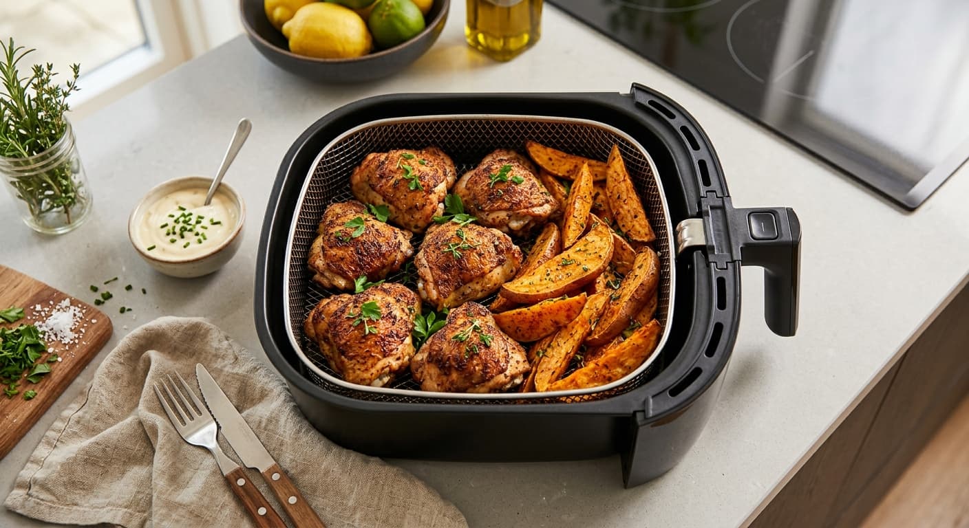 Air fryer filled with seasoned chicken thighs and sweet potatoes on a kitchen counter