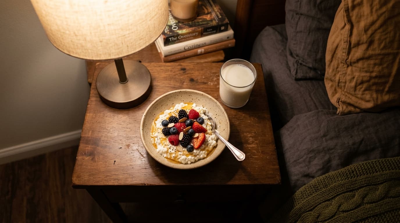 Une table de nuit avec un bol de fromage blanc et des fruits rouges à côté d'un lit, évoquant un snack nocturne pour la prise de muscle