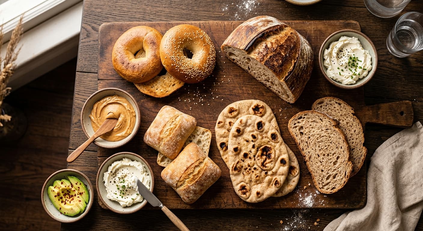 Assortiment de pains incluant pain au levain, complet et bagels sur une planche en bois avec beurre de cacahuète et poulet
