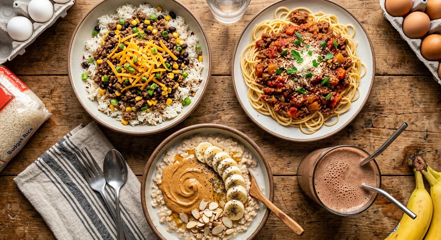 Affordable high-calorie bulking meals including rice and chicken, pasta with ground beef, and loaded oatmeal bowls