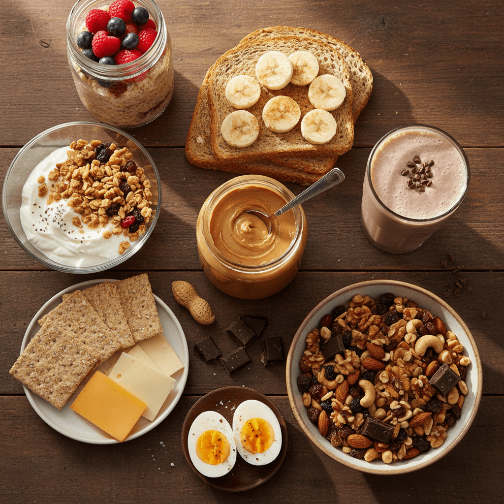 Spread of high-calorie bulking snacks including trail mix, peanut butter toast, protein shakes, and granola bars