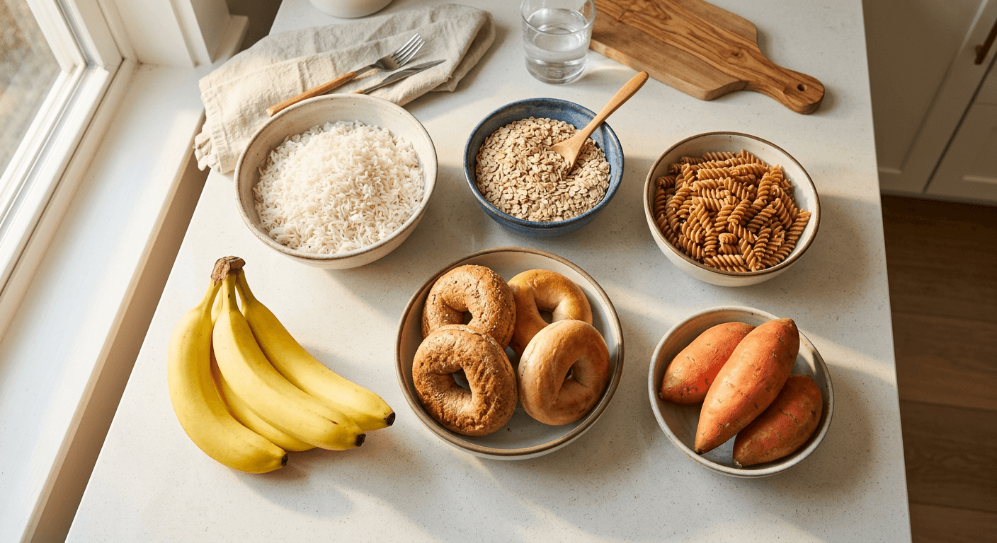 Bowls of rice, oats, sweet potatoes, and pasta arranged on a kitchen counter for a bulking diet