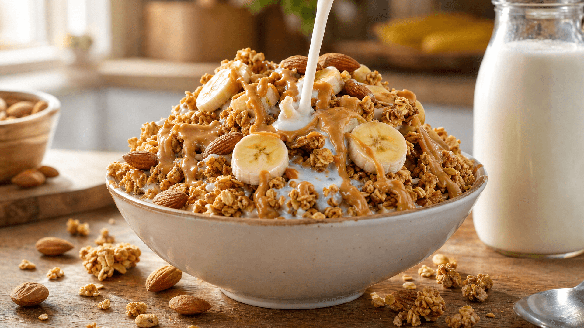 Bowl of granola with whole milk, banana slices, peanut butter and dried fruit on a kitchen counter