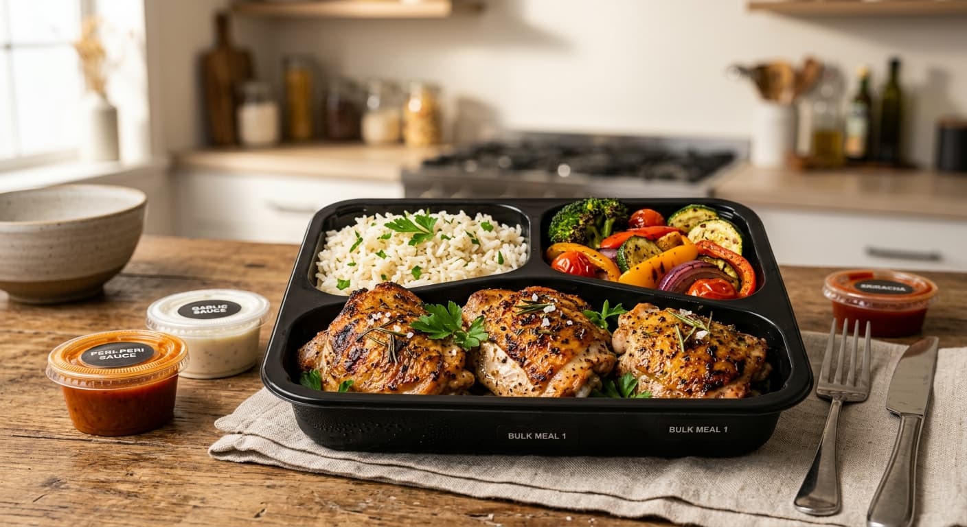 Grilled chicken thighs with rice and vegetables on a meal prep tray