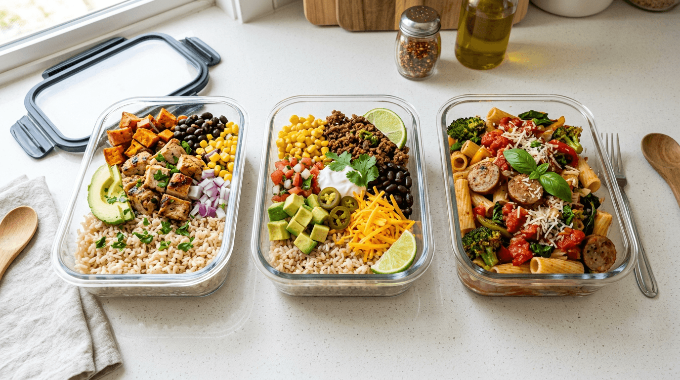 Large meal prep containers filled with rice, chicken, and vegetables for a high-calorie bulking lunch