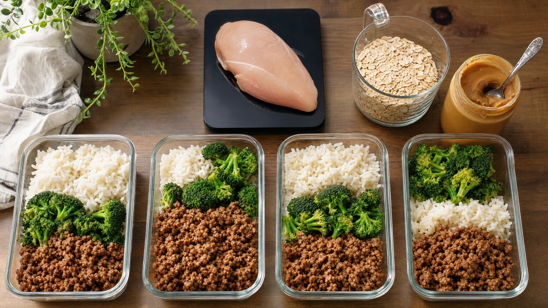 Smartphone showing a macro tracking app next to a protein shake, peanut butter jar and a food scale on a kitchen counter