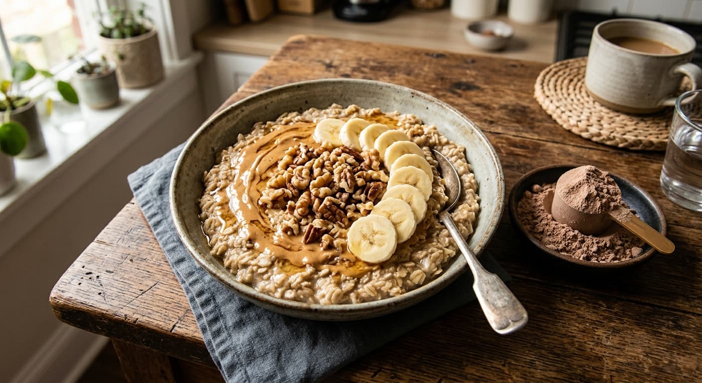 A large bowl of loaded oatmeal topped with peanut butter, banana slices, and protein powder for bulking