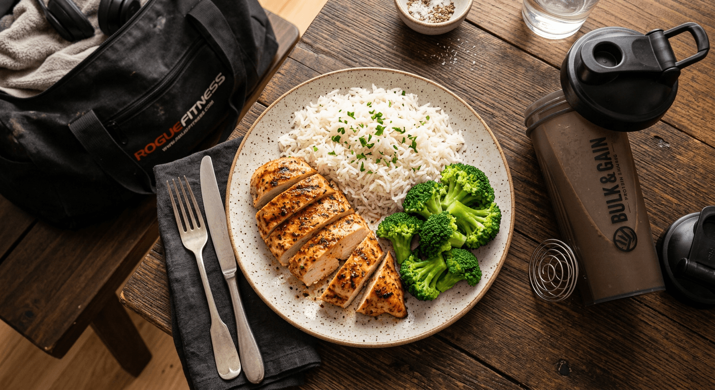 A plate of grilled chicken, white rice, and vegetables next to a protein shaker on a gym bag