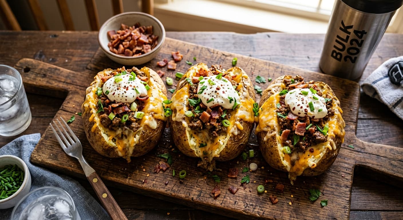 Pommes de terre au four garnies de fromage, bœuf haché et crème fraîche sur une planche en bois