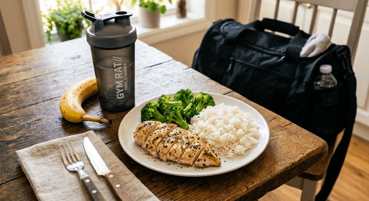 A plate of rice, chicken, and vegetables next to a gym bag and water bottle, ready for a pre-workout meal