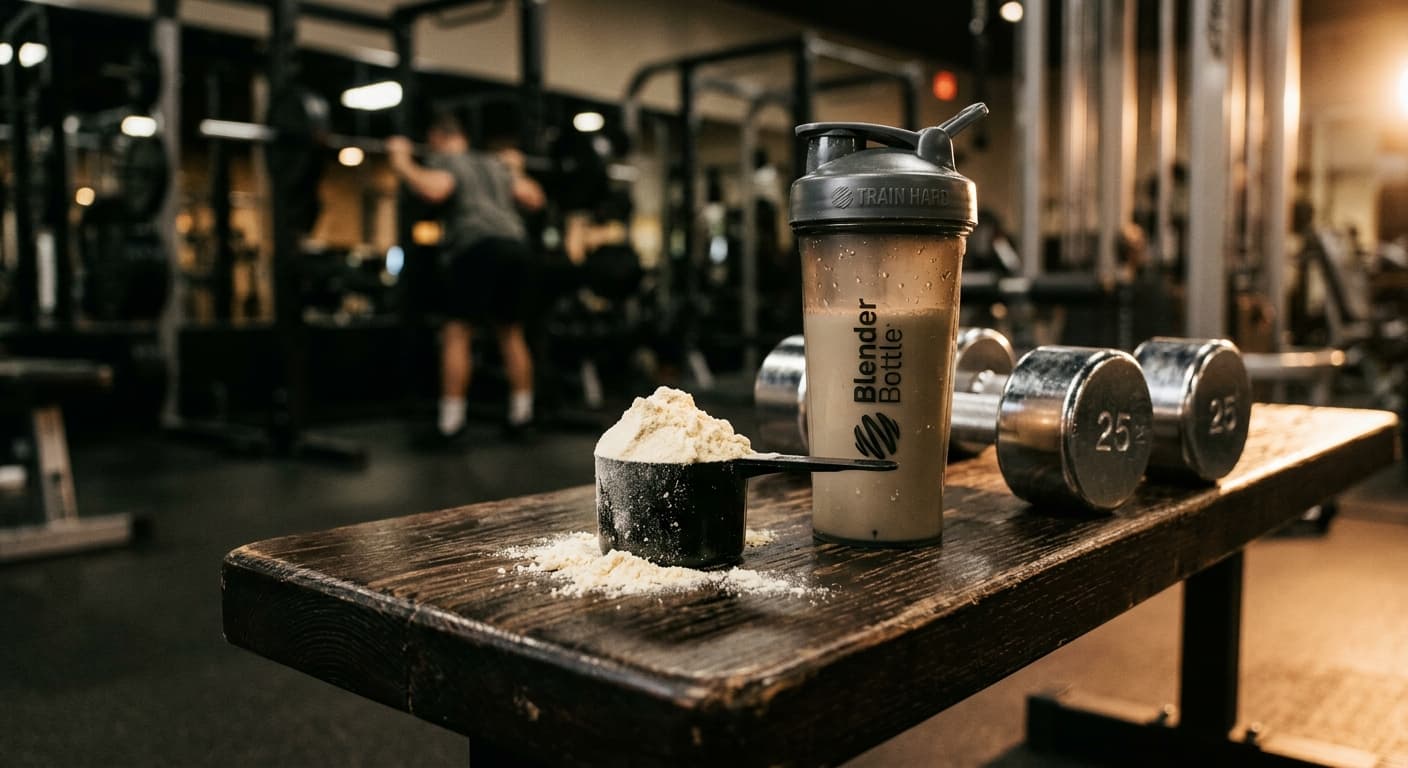 Protein powder scoop next to a shaker bottle and dumbbells on a gym bench