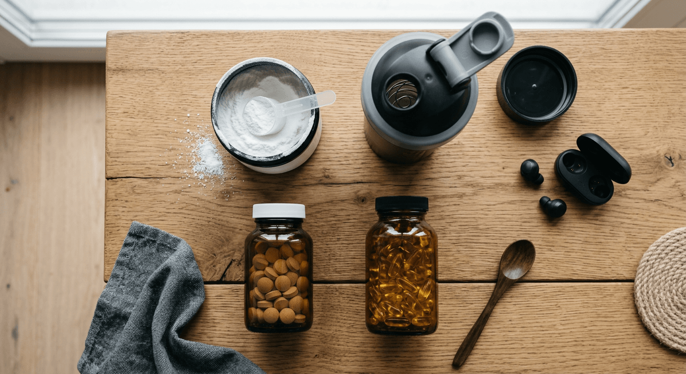 Protein powder, creatine, and supplement containers on a gym bench