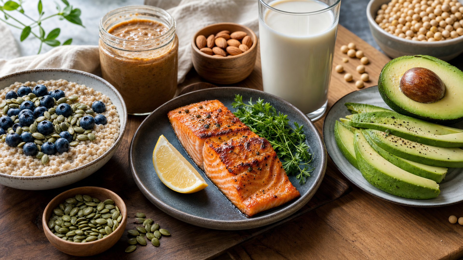 Un repas hypercalorique de saumon, riz, huile d'olive et baies posé à côté d'une serviette de sport et d'un shaker