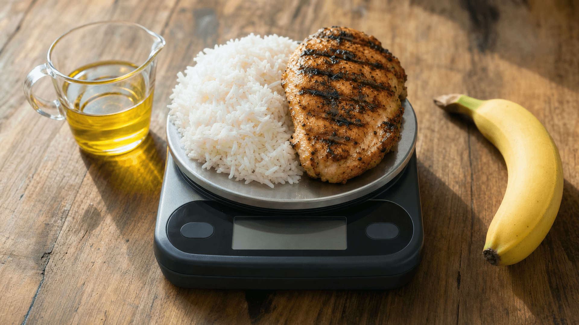 A plate stacked high with rice, chicken, and vegetables next to a calorie tracking app