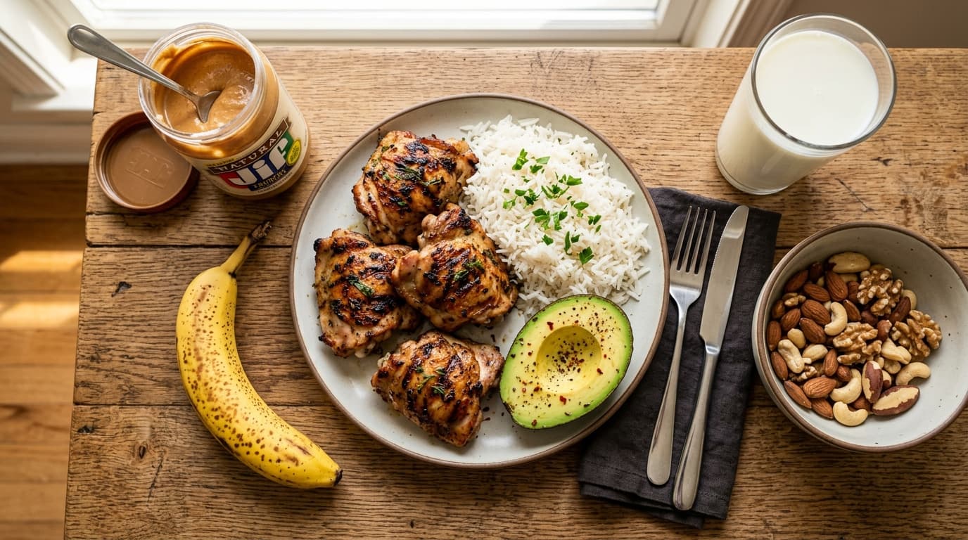 Muscular guy eating a large high-calorie meal with rice, chicken, and avocado after a workout