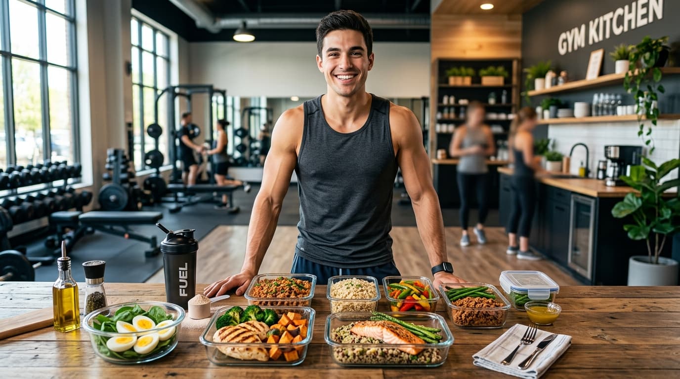 Skinny guy in a gym kitchen surrounded by dumbbells and high-calorie meals ready for his first bulk