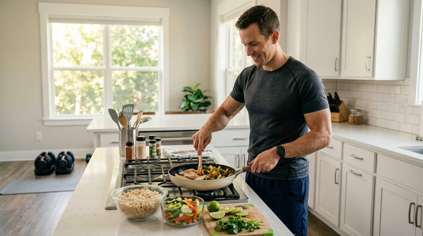 Homme fit dans la trentaine préparant un repas riche en protéines dans une cuisine moderne avec des haltères à proximité
