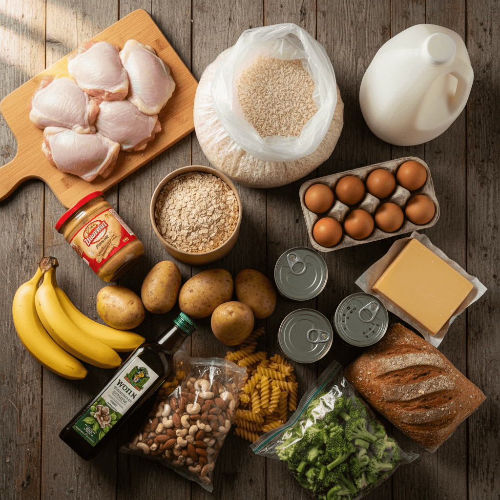 Shopping cart filled with bulk-friendly foods like chicken, rice, eggs, and oats