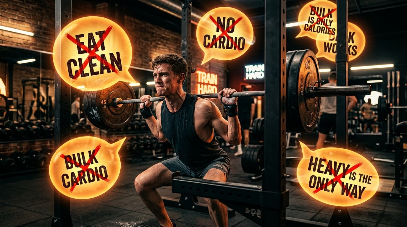 Un homme mince frustré dans une salle de sport entouré de bulles de pensée avec des mythes sur la musculation