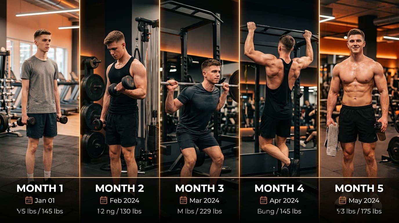 Photos de progression montrant la transformation musculaire d'un homme mince sur 12 mois