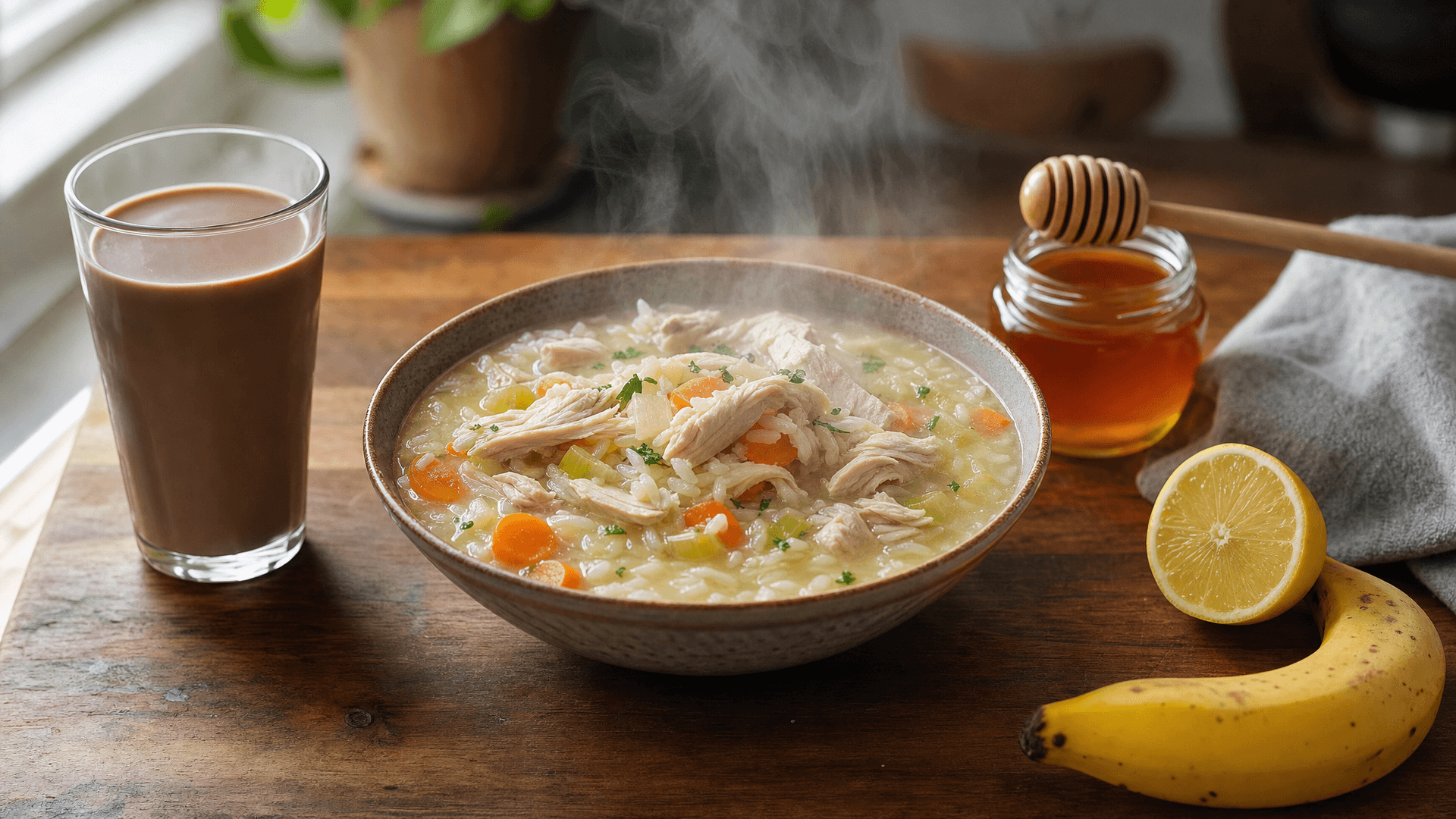 Bol de bouillon, shaker de protéines et miel sur un plan de travail à côté d'un thermomètre