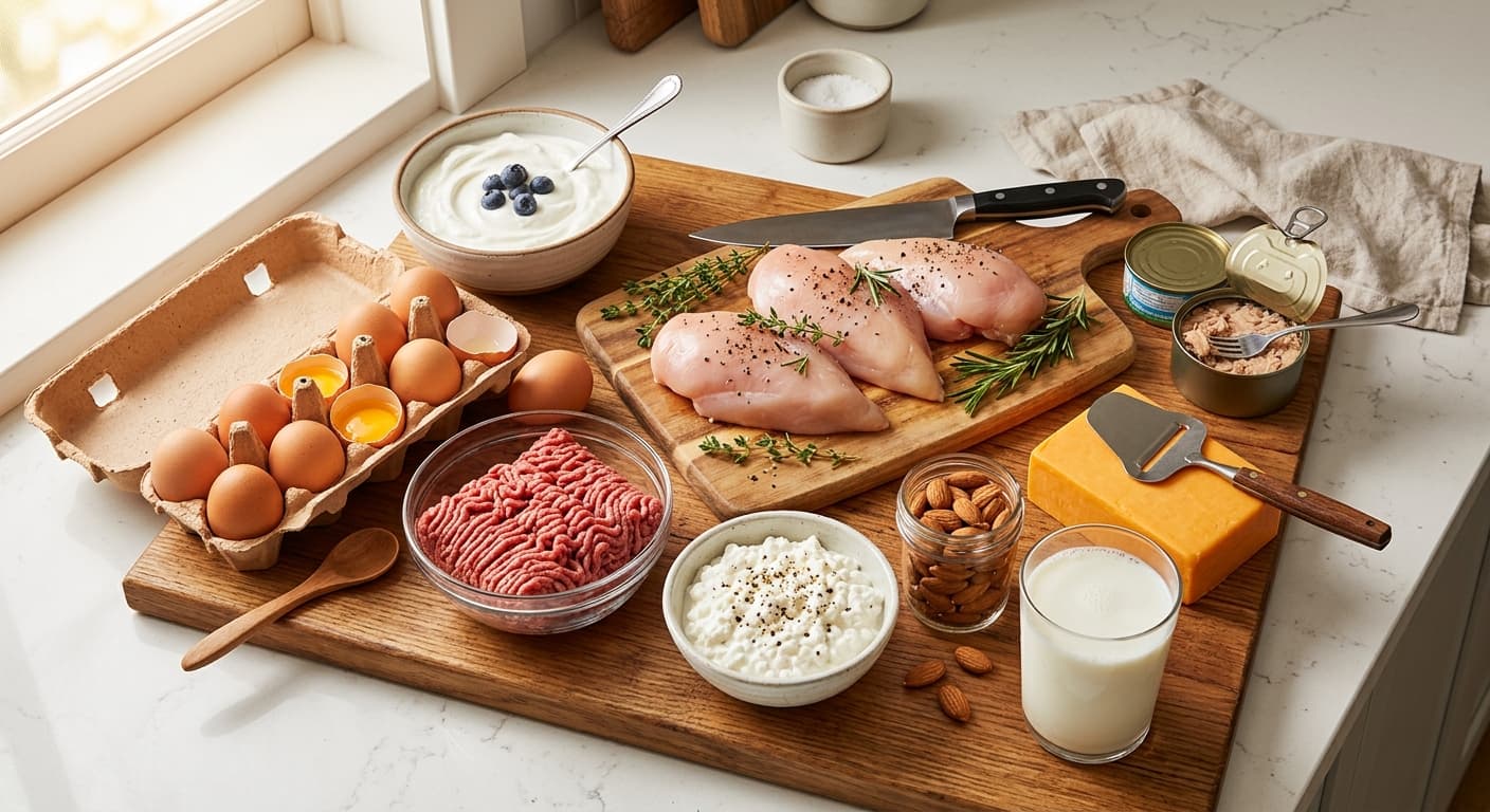A kitchen counter full of whole food protein sources including eggs, chicken breast, Greek yogurt, and cottage cheese