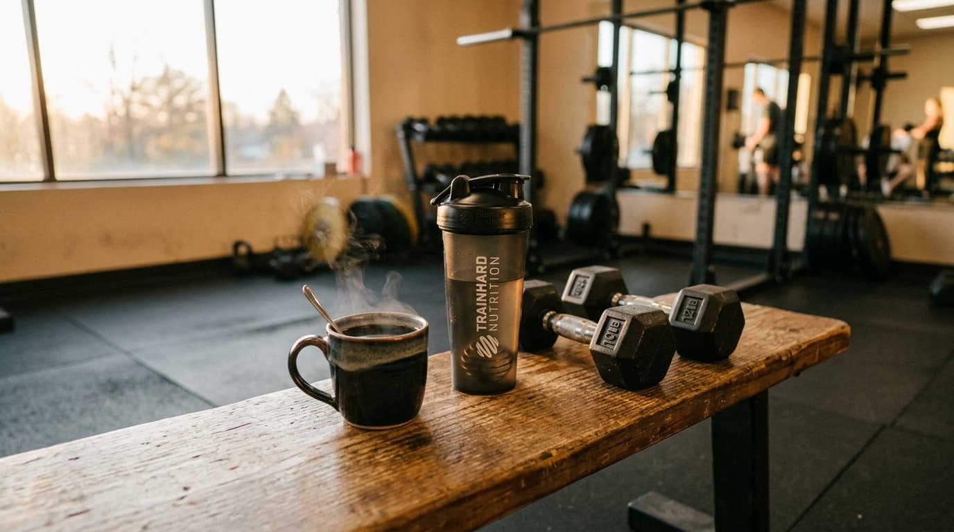 Tasse de café noir à côté d'un shaker et d'haltères sur un banc de musculation