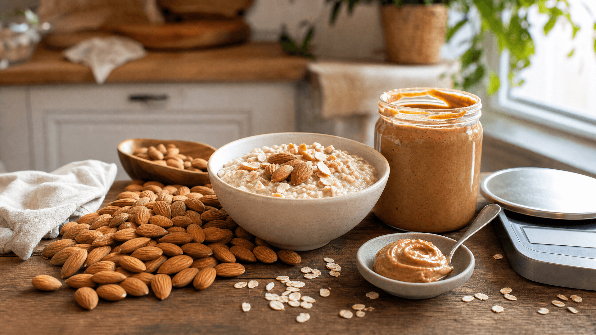 Un bol d'amandes entières crues à côté d'un pot de purée d'amandes ouvert sur un plan de travail en bois