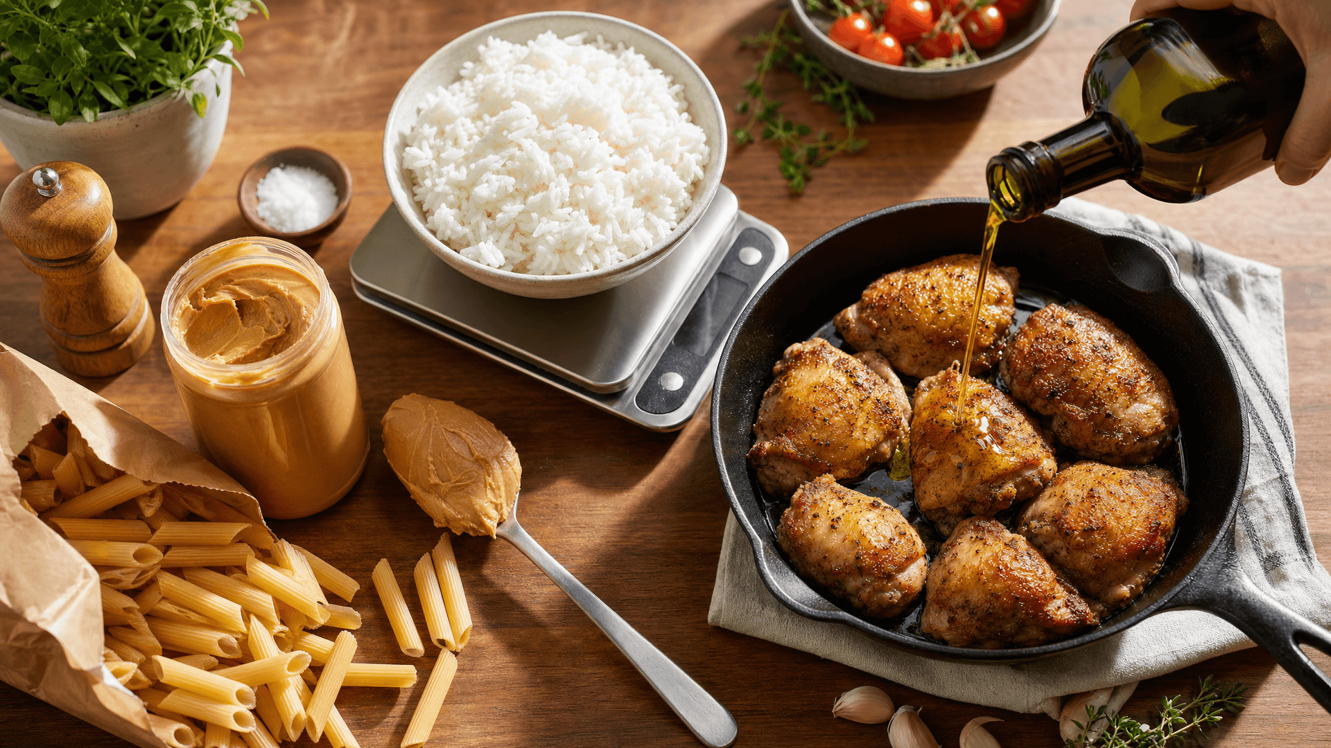 A food scale, a chicken breast, a bottle of olive oil and a phone showing a calorie tracking app on a kitchen counter