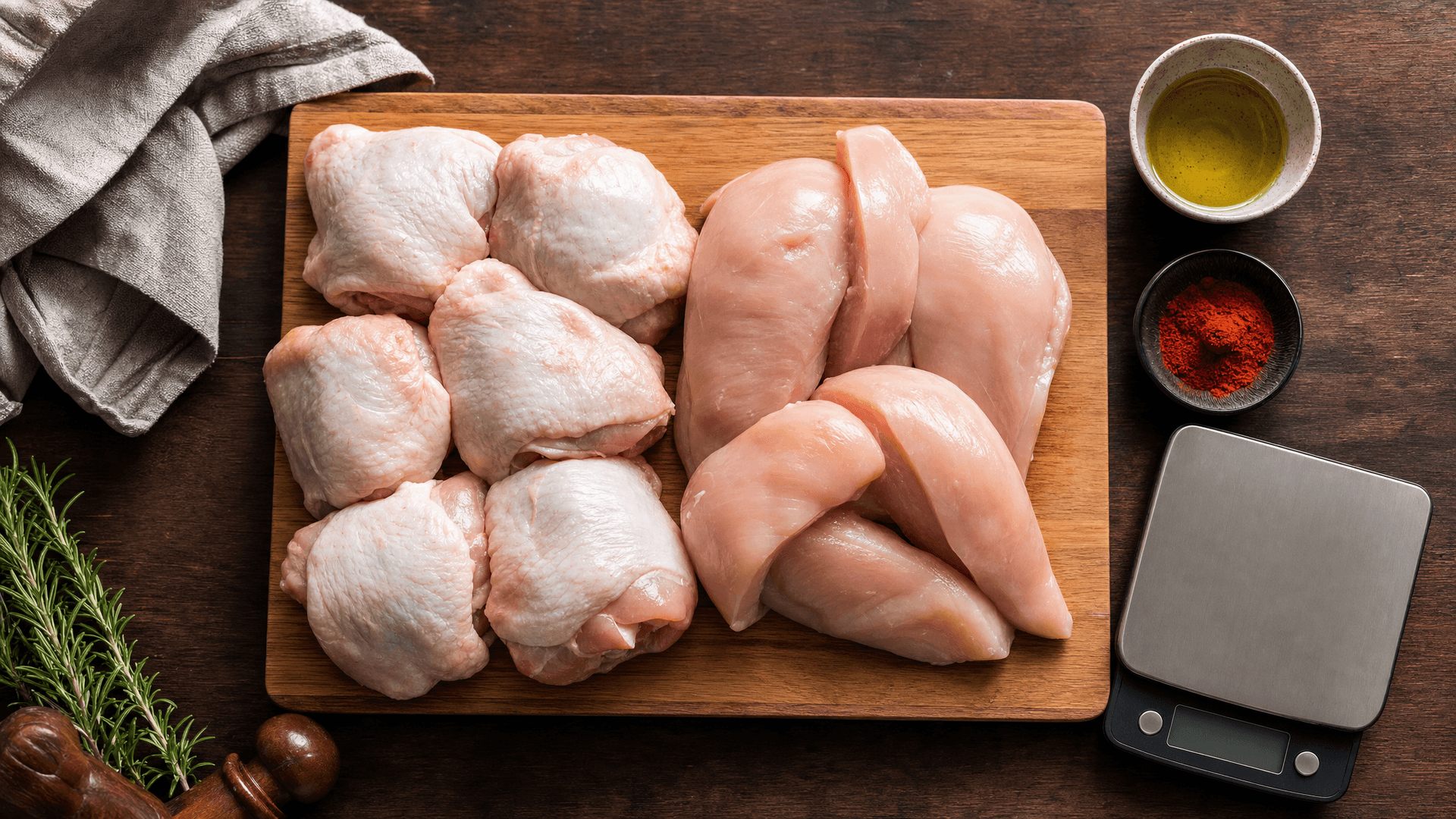 Raw chicken thighs and chicken breasts side by side on a cutting board with a kitchen scale