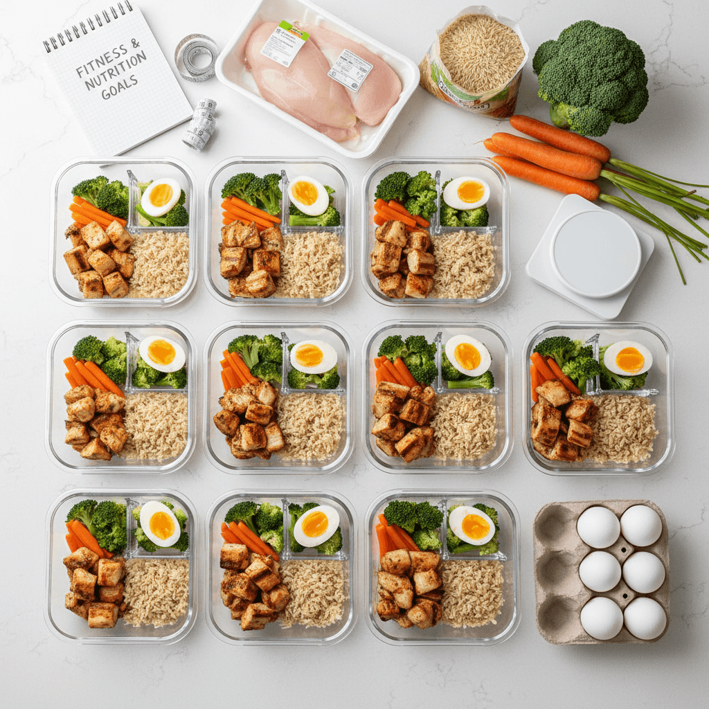 Budget-friendly bulk grocery haul with eggs, chicken, rice, oats, and peanut butter on a kitchen counter