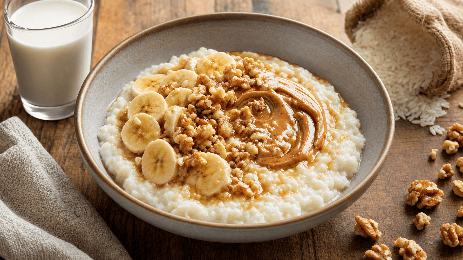 A bowl of cream of rice topped with peanut butter, honey and banana slices next to a scoop of whey protein
