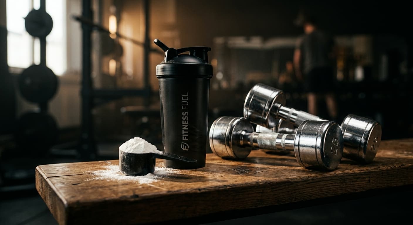 Scoop of creatine monohydrate powder next to a shaker bottle and dumbbells on a gym bench