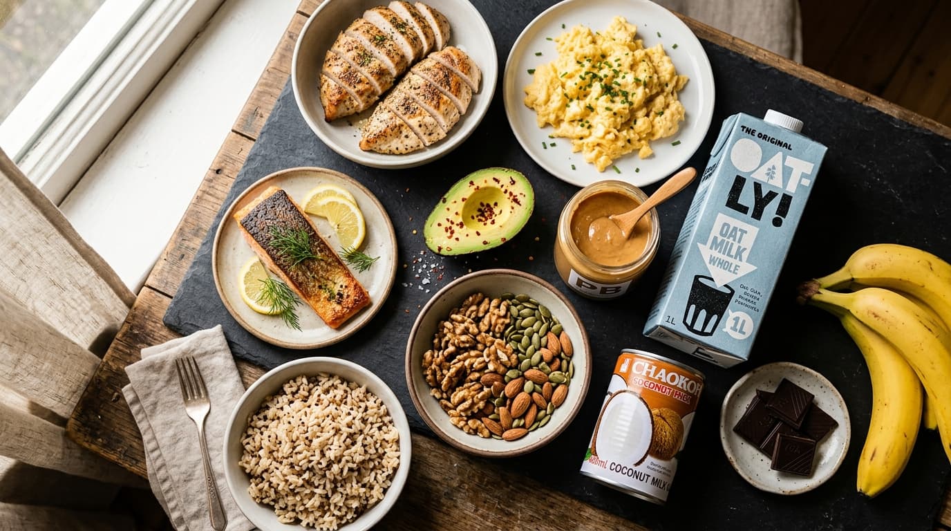 Spread of dairy-free high-protein bulking foods including chicken, rice, eggs, avocado, and plant milk