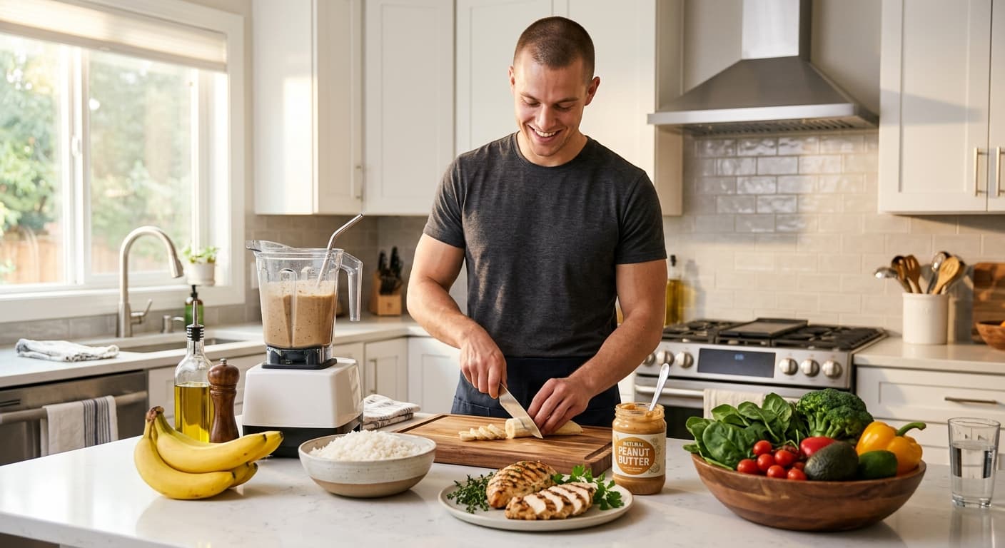 A fit young man preparing a balanced high-calorie meal in a bright kitchen with digestive-friendly foods on the counter
