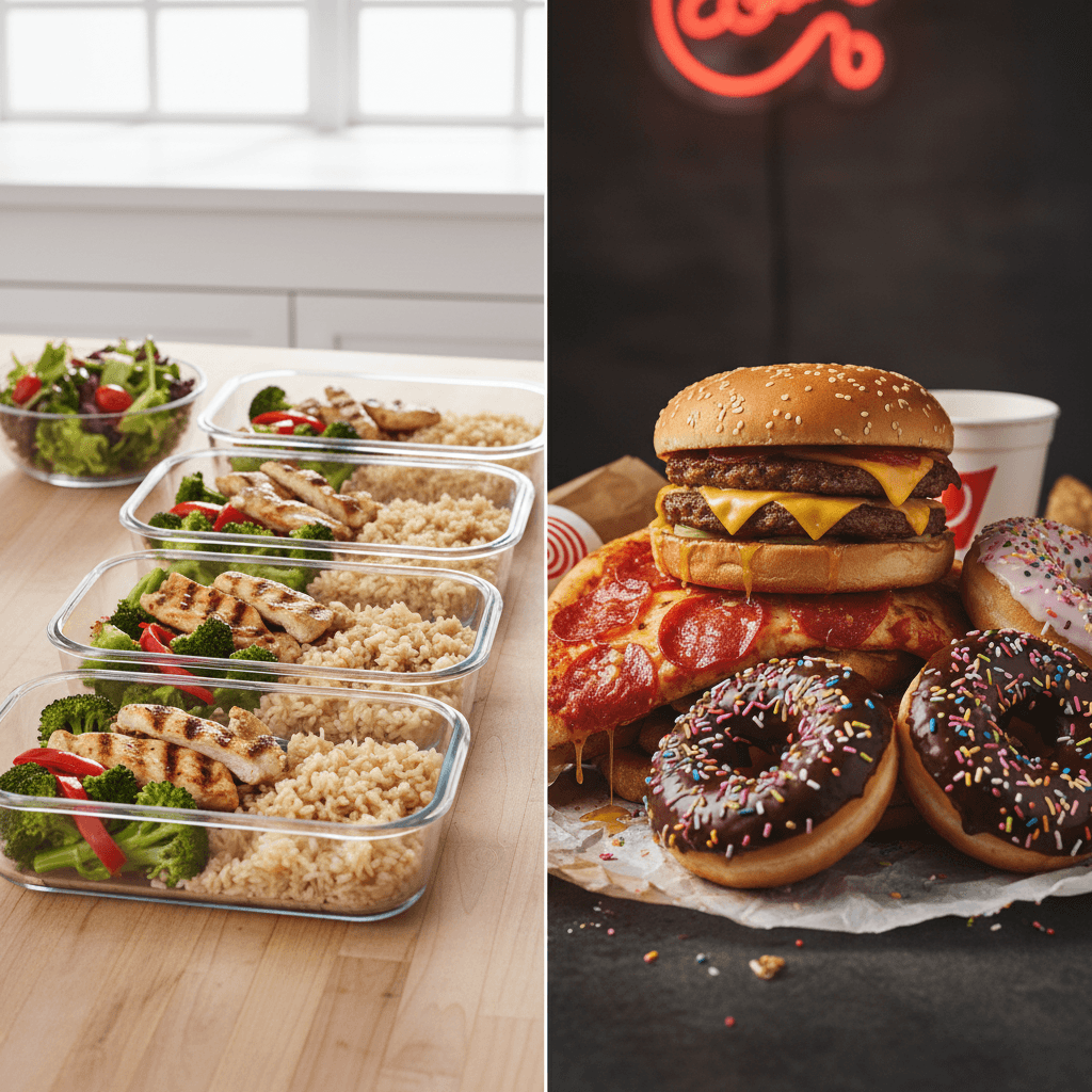 Split comparison of clean meal prep versus fast food for bulking