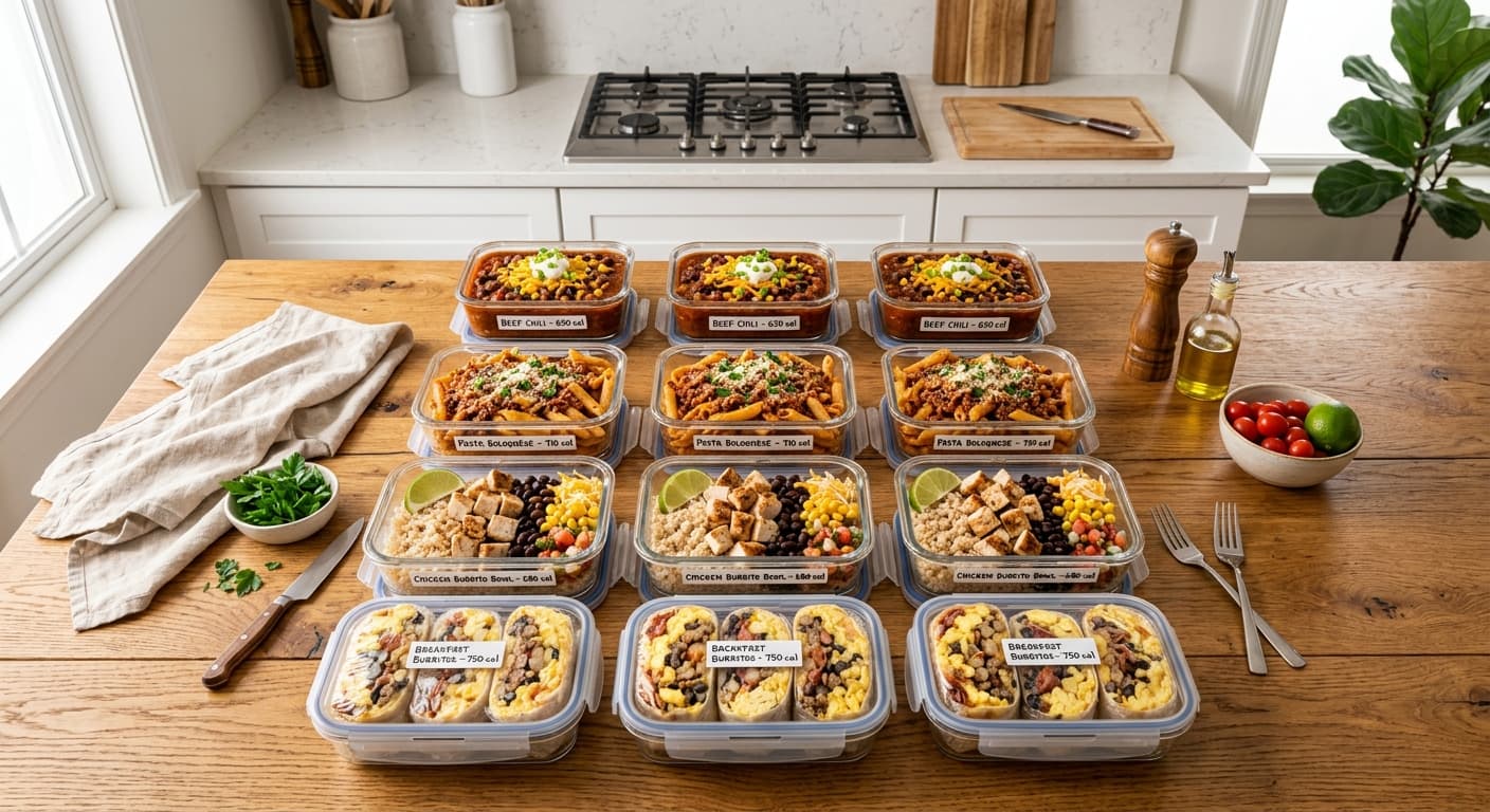 Contenants de meal prep empilés remplis de repas riches en calories pour la prise de masse incluant pâtes, bols de riz et burritos