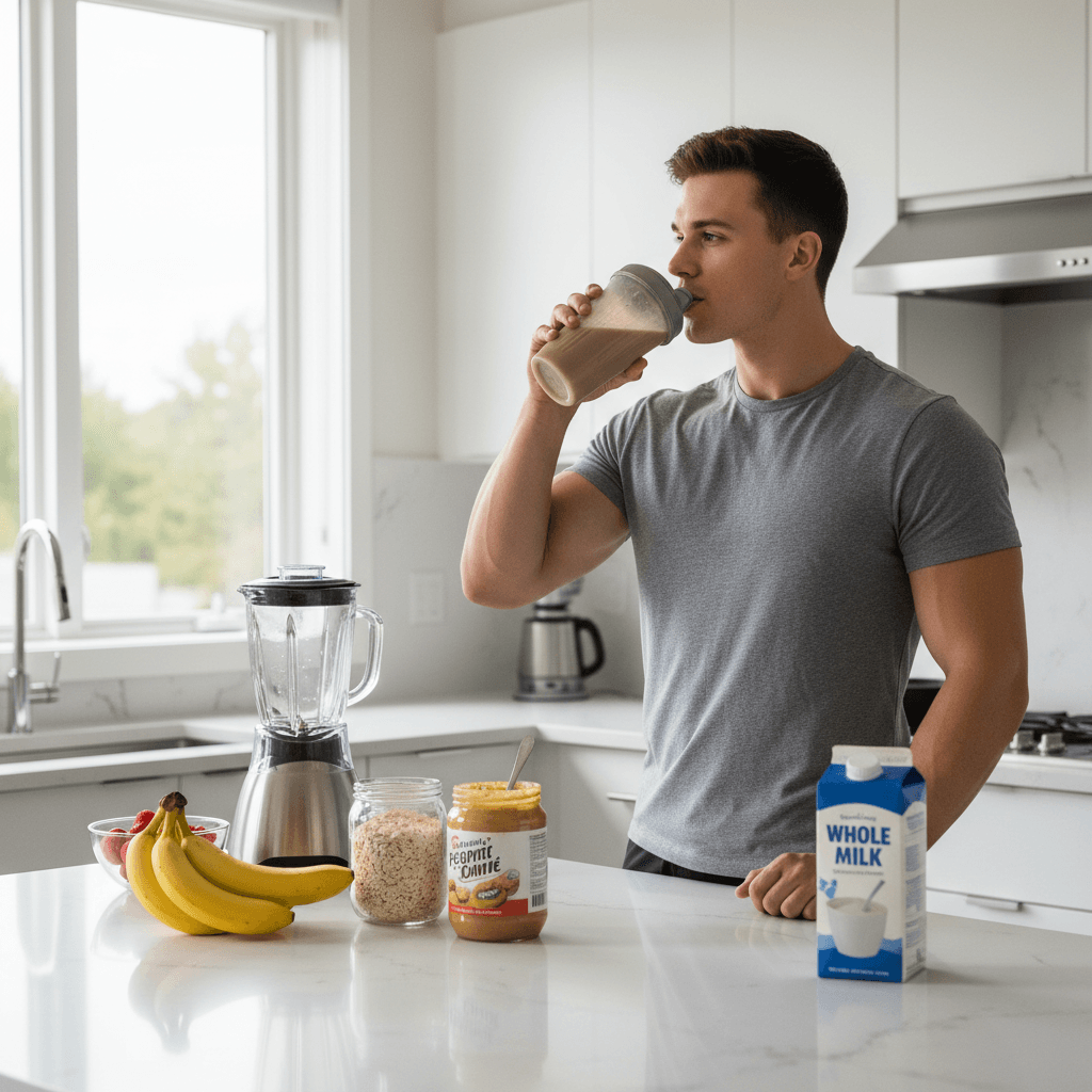Athletic young man drinking a protein shake in a kitchen with healthy food ingredients