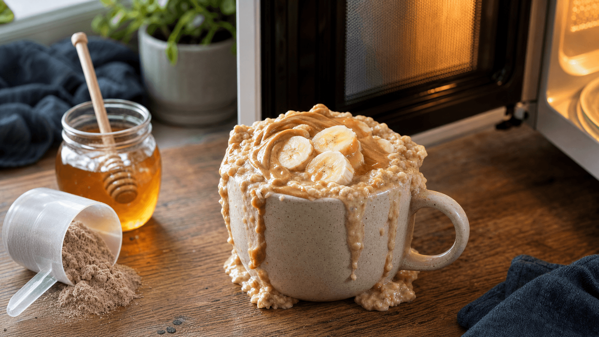 Un bureau de chambre étudiante avec un micro-ondes, un grand mug d'œufs au fromage fondu et un bol de riz garni de poulet