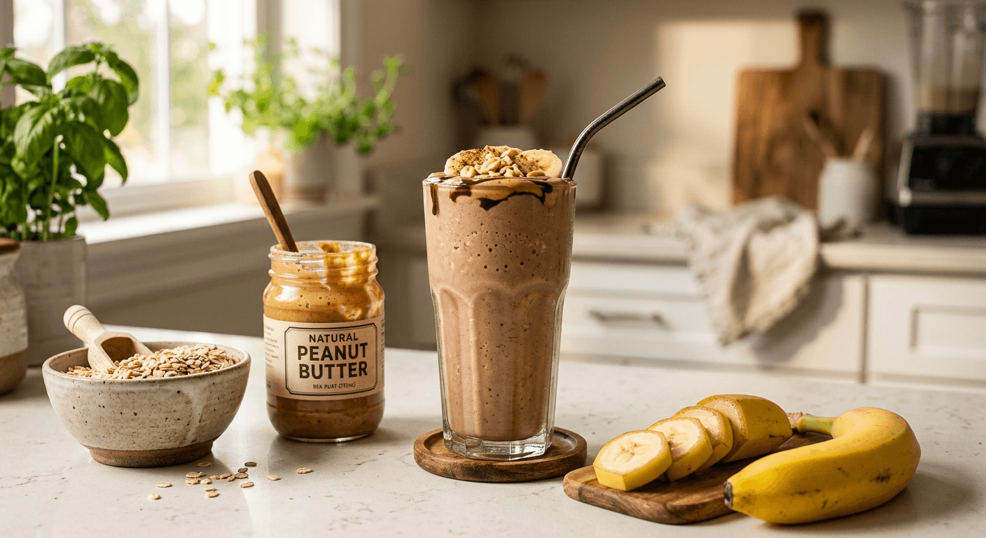A thick chocolate peanut butter protein shake in a glass with a banana and oats on the counter