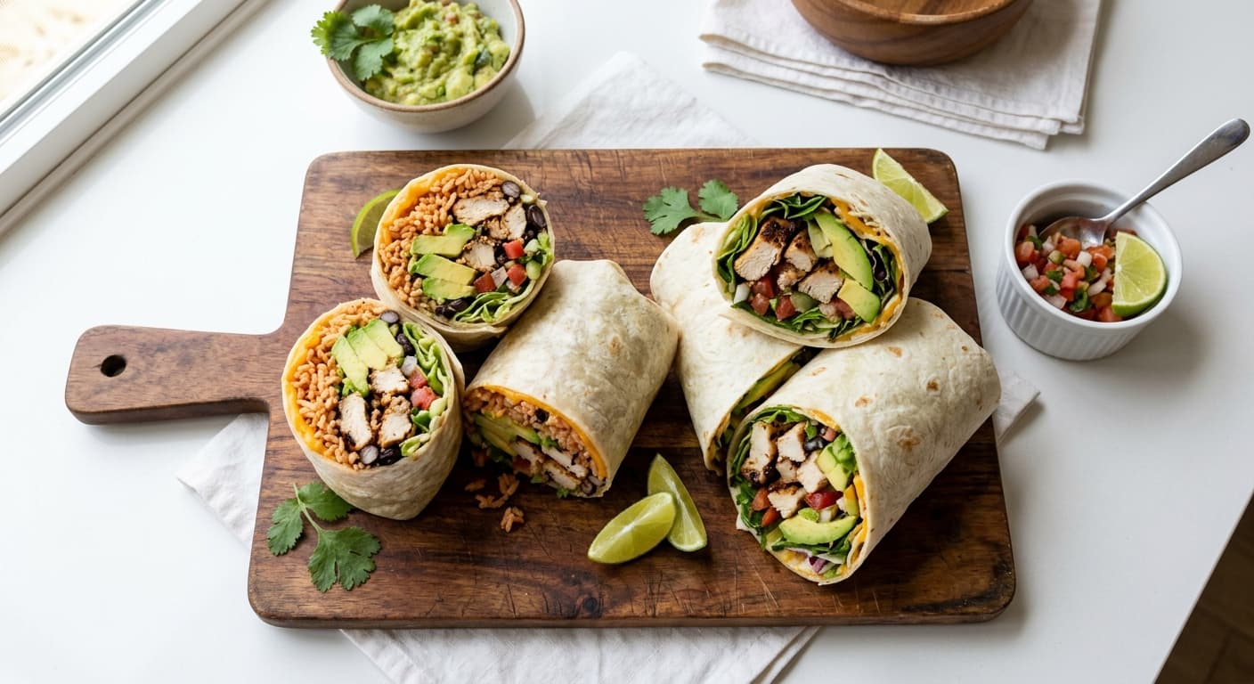 Large stuffed burritos and wraps on a cutting board with rice, chicken, and avocado fillings
