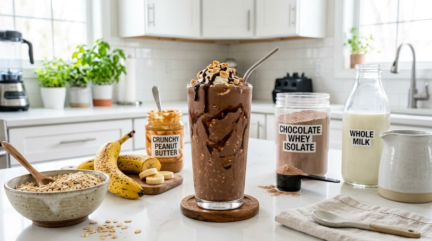 A thick chocolate peanut butter mass gainer shake in a tall glass next to a blender with oats, bananas, and protein powder