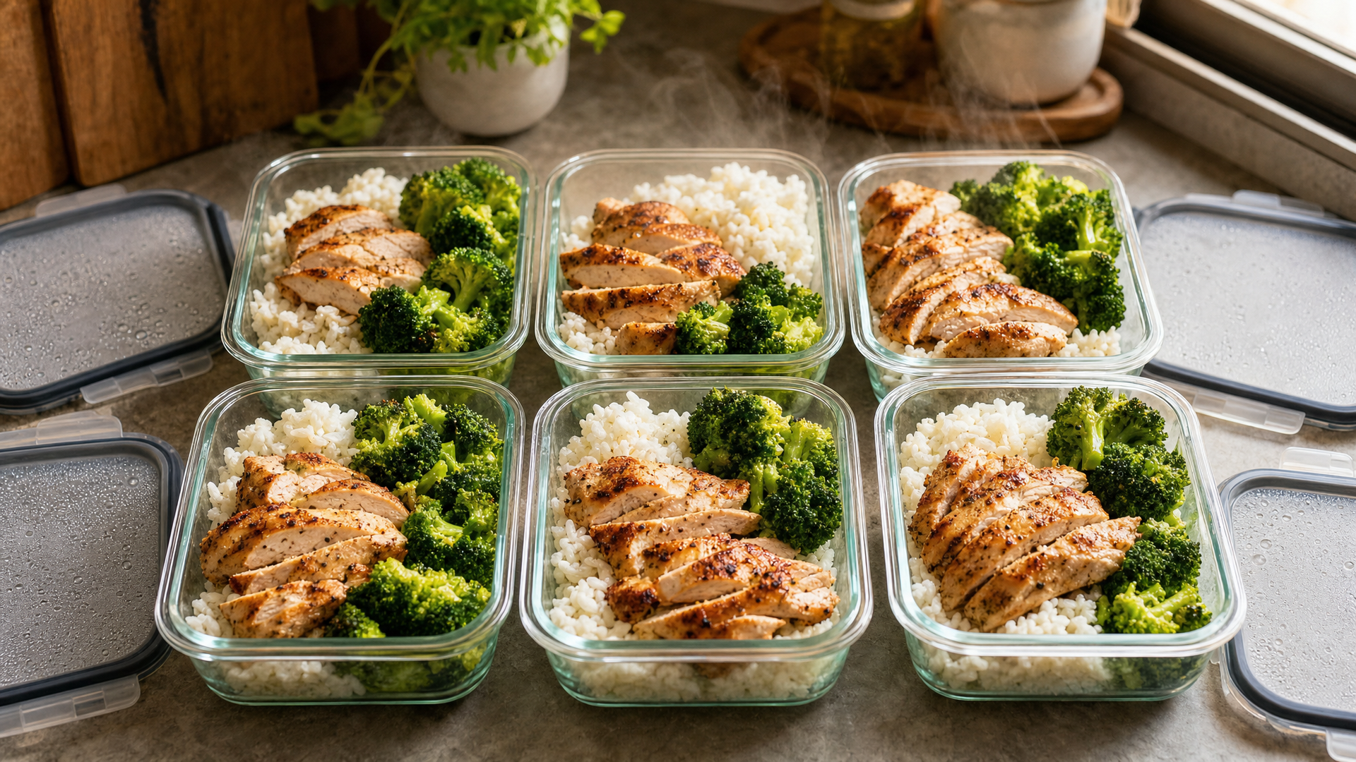 Glass meal prep containers of rice, chicken and roasted vegetables stacked on a fridge shelf next to a thermometer