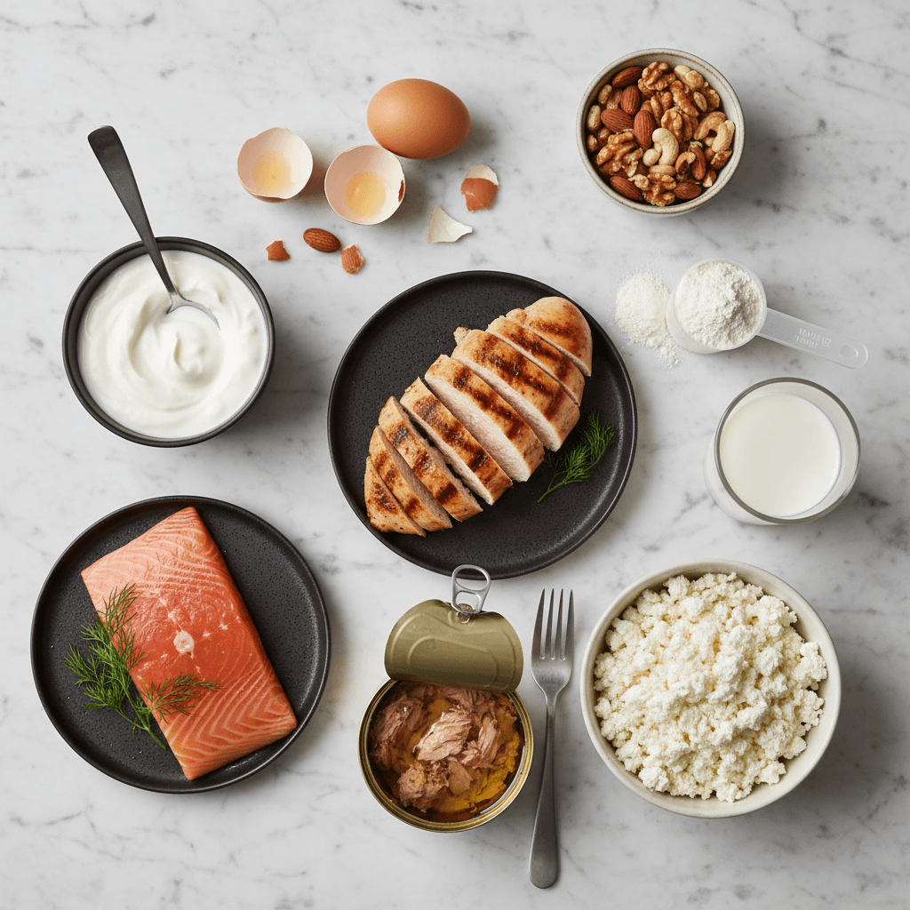 High-protein foods arranged around a plate showing chicken, eggs, Greek yogurt, and fish