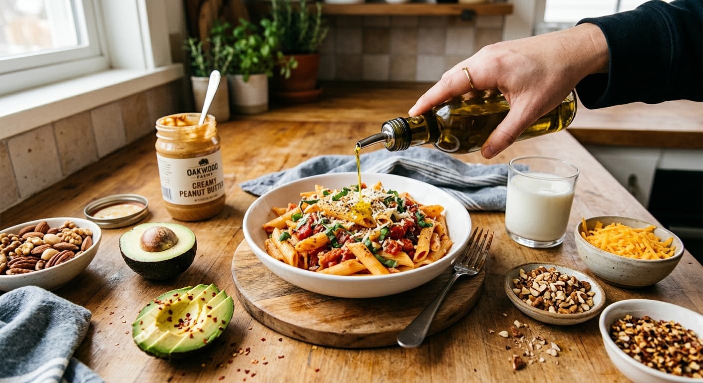 Une assiette de nourriture avec des toppings riches en calories comme avocat, fromage, noix et huile d'olive