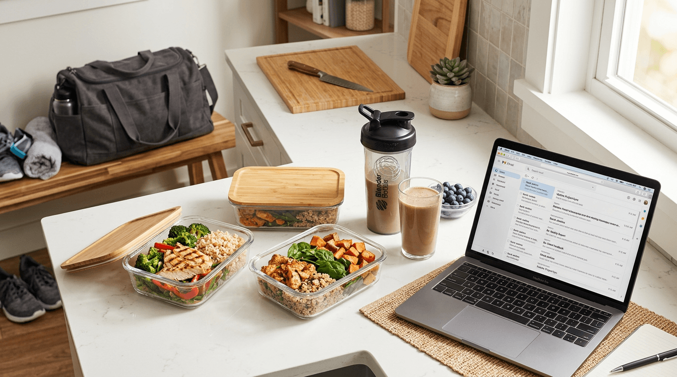Meal prep containers and a protein shake next to a laptop and gym bag on a kitchen counter
