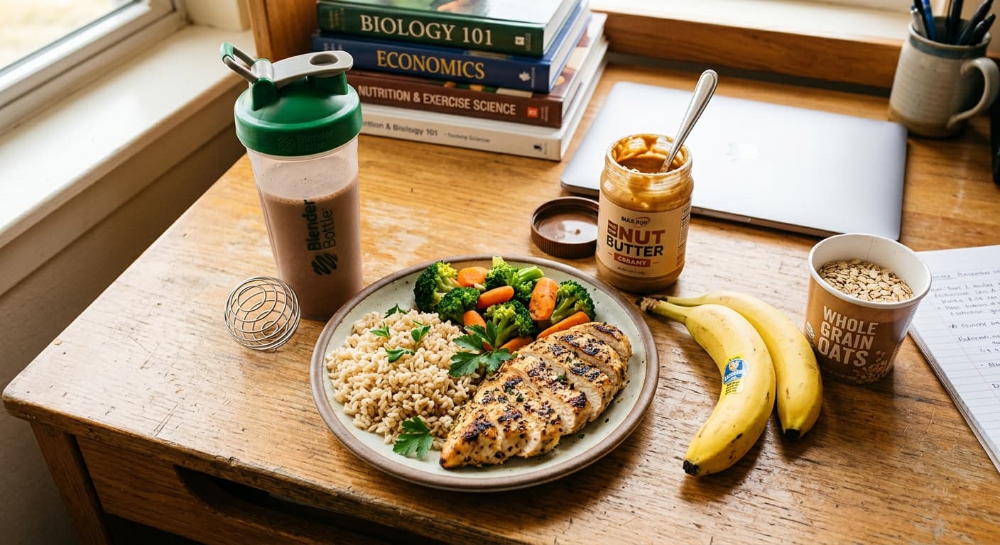 College student eating a high-calorie meal in a dorm room with textbooks and a shaker bottle on the desk