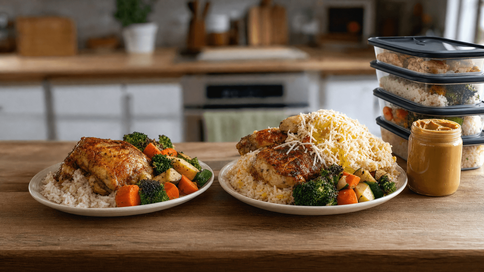 A family dinner plate on a kitchen counter next to a protein shake, peanut butter jar and a bag of rice