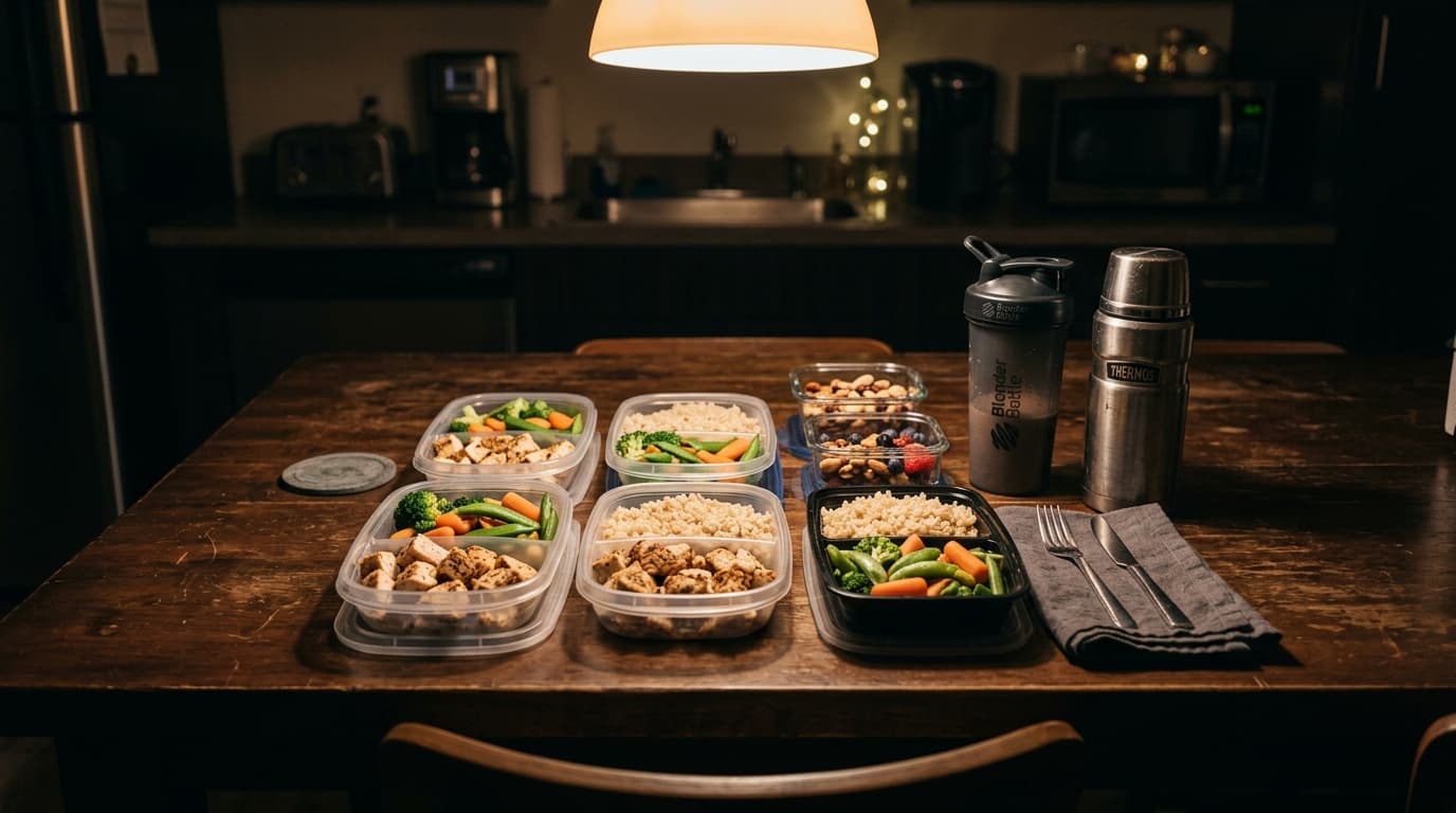 Boîtes de meal prep et un shaker de protéines posés sur une table de pause pendant un travail de nuit